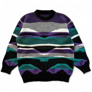 Vintage Textured Funky Wave Pattern Teal Green Purple Black White 3D Sweater